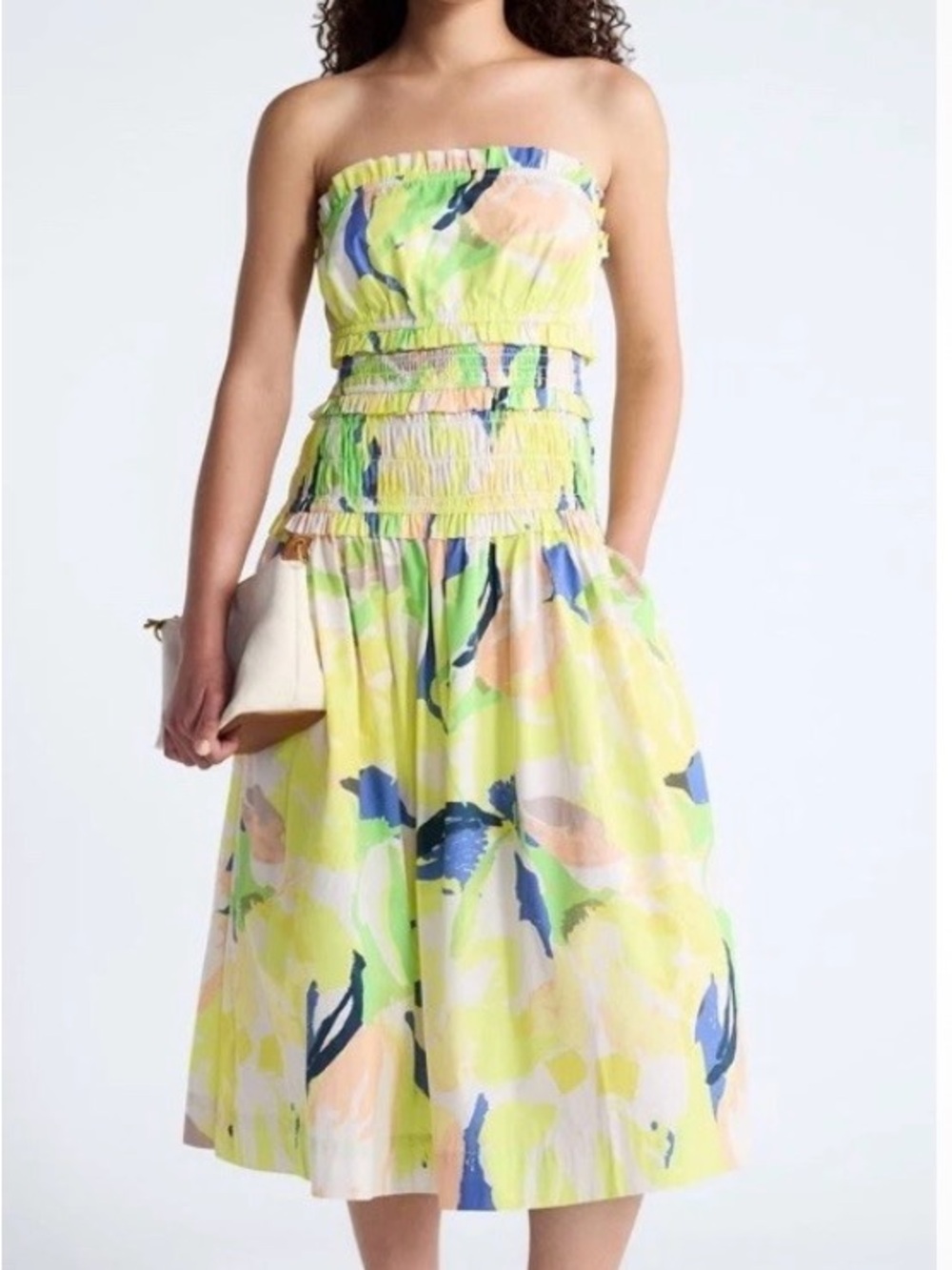 Free Assembly Yellow Floral Strapless Poplin Tiered Midi Dress